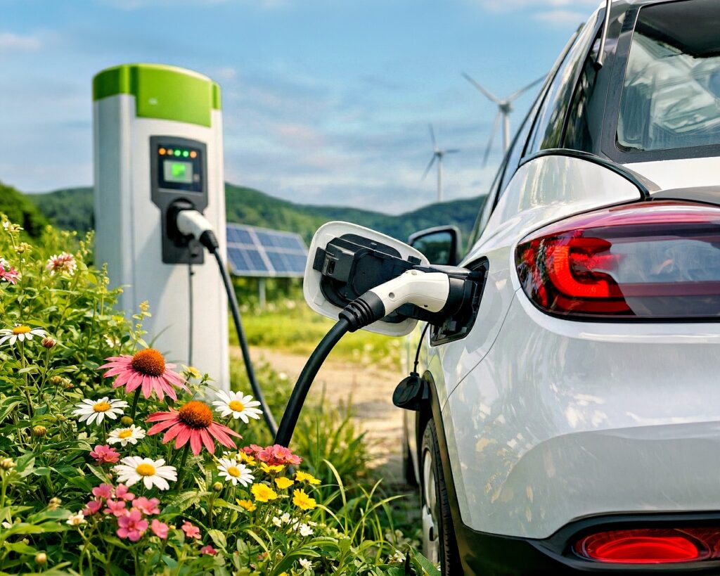 electric car, ev, load, renewable energy, beautiful flowers, green energy, solar panels, wind turbines, flower wallpaper, durability, environmentally friendly, nature, flowers, flower background, automotive, transportation, technology, environment, future, clean energy, outdoor, charging station, modern, ai generated